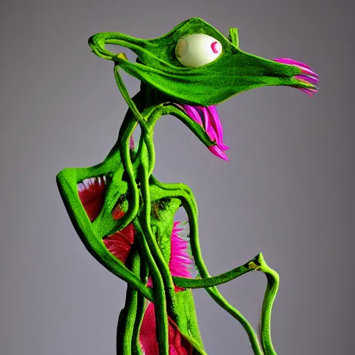 Image similar to studio photograph of a thin green vine creature with vine limbs and a pink blooming flower mouth with many sharp teeth