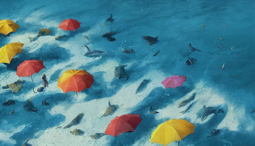 Image similar to craig mullins and ghibli digital illustration of, a dolphin in the blue dotted water, modern beach ， many umbrellas, white waves ， yellow gravel corals and schools of fish unreal engine, hyper realism, realistic shading, cinematic composition, realistic render, octane render, detailed textures, photorealistic, wide shot