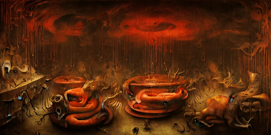 Image similar to surreal bar interior in hell by hieronymus bosch, animal body parts, red blood dripping, wide shot, baroque painting, dreamlike atmosphere, surreal abandoned buildings, beautiful detailed intricate insanely detailed octane render trending on artstation, soft natural volumetric cinematic perfect light, masterpiece, 8 k artistic photography, chiaroscuro, raphael, caravaggio, beksinski