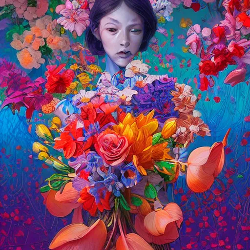 Image similar to a bouquet of colorful flowers, flowers with very long petals,afternoon sunlight, hard light and long shadows, neon glowing, vivid, detailed painting, by James Jean and Ross Tran, masterpiece, award winning painting