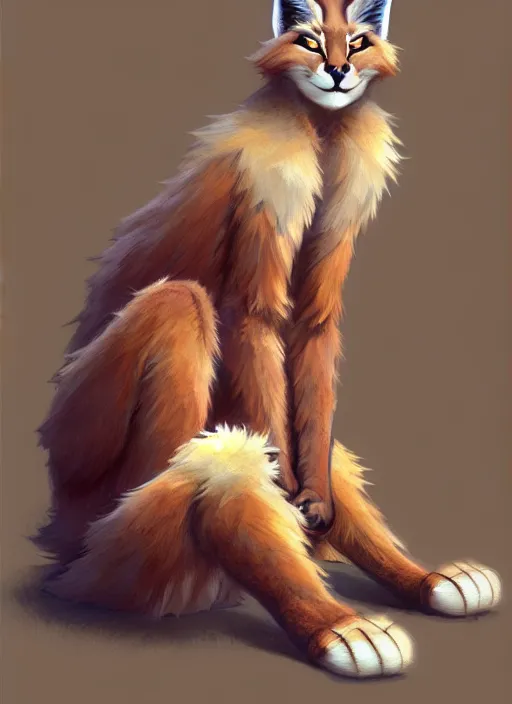 Prompt: cute fluffy caracal in pants sitting politely with electric guitar, facing the camera, anime art style, portrait, high detail, sharp focus, digital painting, artstation, concept art, art by hayao miyazaki and artgerm and greg rutkowski and alphonse mucha.