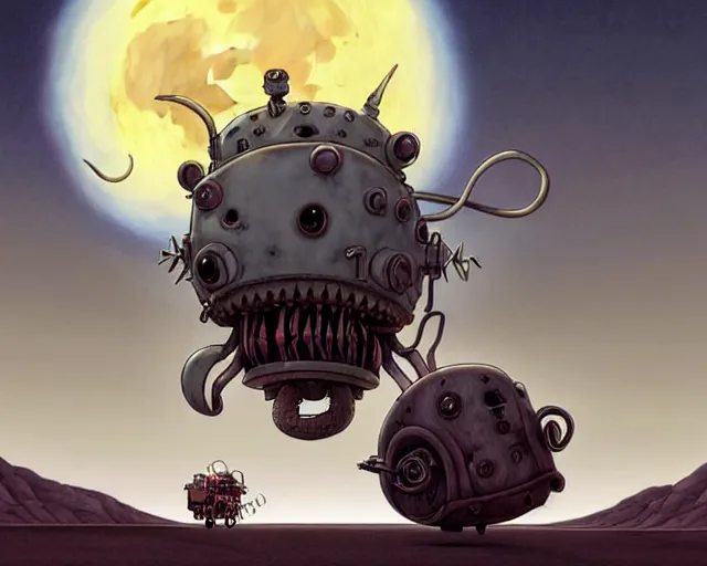 Image similar to a cell shaded cartoon grey lovecraftian mechanized demon from howl's moving castle ( 2 0 0 4 ), with a big head, on a desert road, wide shot, in front of a big moon, muted colors, post grunge, josan gonzales, wlop, by james jean, victor ngai, hq, deviantart, art by artgem