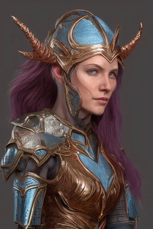 Image similar to a beautiful and highly detailed digital portrait of a dignified female elven paladin with blue hair in rose gold armor by clint cearley, centered, artsation contest winner, artstation hd, cgsociety, fantasy art, cryengine, concept art, photorealism, daz 3 d, sketchfab, zbrush, vray