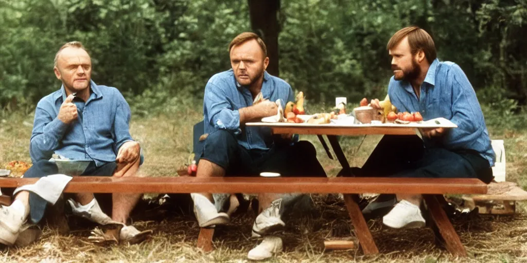 Prompt: photo of anthony hopkins and jeffrey dahmer sitting at a picnic table eating delicious fruit, hd