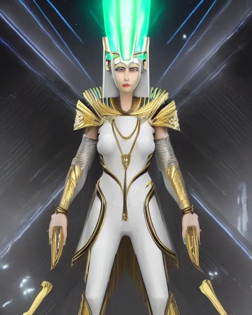 Image similar to perfect white haired attractive egyptian goddess, warframe armor, pharaoh headdress, beautiful, symmetric, dreamy, half asian, pretty face, green eyes, charlize theron, detailed, scifi platform, laboratory, experiment, 4 k, ultra realistic, epic lighting, android body, illuminated, cinematic, masterpiece, art by akihito tsukushi, voidstar