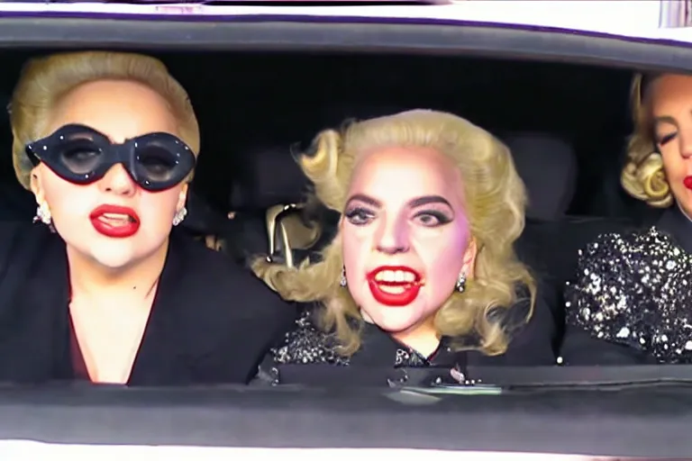 Image similar to lady gaga and judy garland doing carpool karaoke, lady gaga and judy garland, carpool karaoke, lady gaga, judy garland, carpool karaoke, youtube video screenshot, the late late show with james corden, higly realistic, high resolution, dashcam