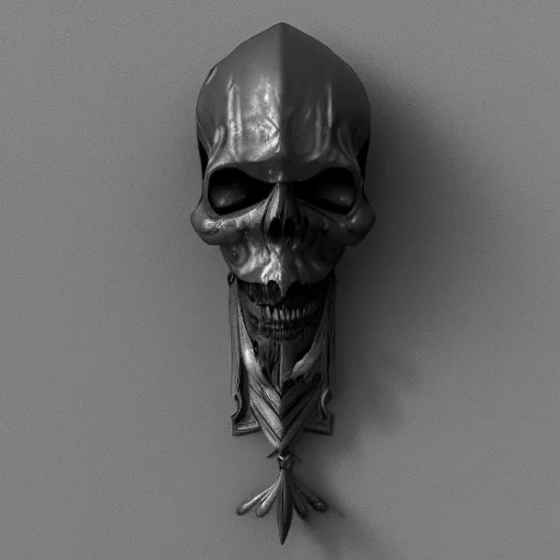 Prompt: a black sword skull handle, ornament, on a gray background, a 3 d render by dom qwek, raytracing, trending on polycount, futurism, hard surface modeling, rendered in maya, artstation hd