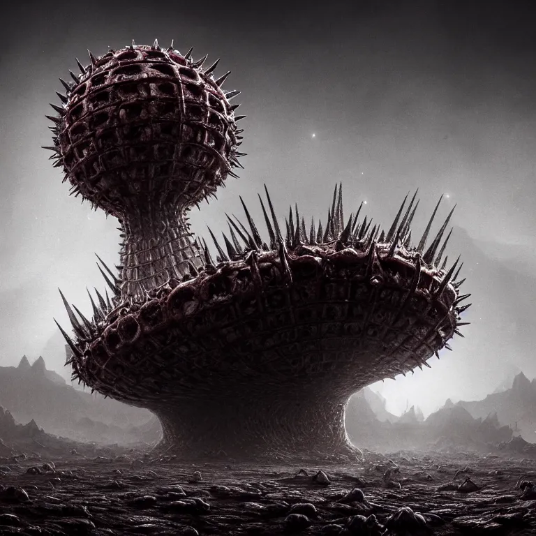 Prompt: ribbed surreal abandoned alien spaceship on exoplanet, covered in with spikes, in a desolate empty wasteland, creepy, nightmare, dream-like heavy atmosphere, surreal abandoned buildings, beautiful detailed intricate insanely detailed octane render trending on Artstation, 8K artistic photography, photorealistic, chiaroscuro, Raphael, Caravaggio, Beksinski, Giger