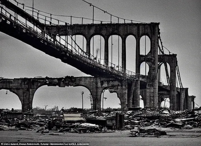 Image similar to grainy photo of the remains of an enormous destroyed freeway bridge on the new york coast after the apocalypse