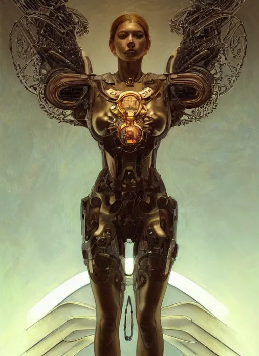 Image similar to Cybernetic angel, fantasy, extremely detailed, digital painting, artstation, concept art, smooth, sharp focus, illustration, stunning lighting, art by artgerm and greg rutkowski and alphonse mucha and simon stalenhag, realistic character concept, high fantasy, dark atmosphere, golden ratio, cinematic lighting, hyperdetailed, high resolution, insanely detailed and intricate, artstation, Marc Simonetti, Greg Rutkowski, 8k