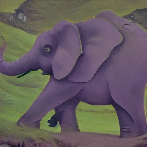 Image similar to purple elephant running stuck in a cave entrance because it is too small, close up camera angle, raining, mountain behind meadow, menacing, illustration, detailed, smooth, soft, cold, by Adolf Lachman, Shaun Tan, Surrealism