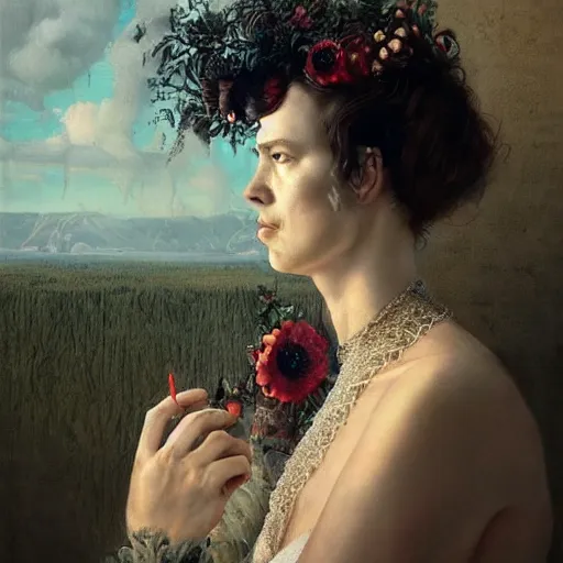 Image similar to a beautiful pensive woman looking into the distance by arcimboldo, david lynch, greg rutkowski, trending on artstation