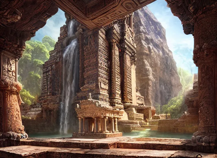 Image similar to An amazing interior of the temple of the gods of nature, intricate details, vast open interior, amazing and tall waterfalls, dramatic lighting, digital art, trending on Artstation, dark, hyper-realistic, detailed