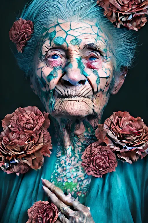 Image similar to hyperrealistic hyper detailed close-up portrait of old woman covered in rococo flower tattoos matte painting concept art hannah yata very dramatic dark teal lighting low angle hd 8k sharp 35mm shallow depth of field