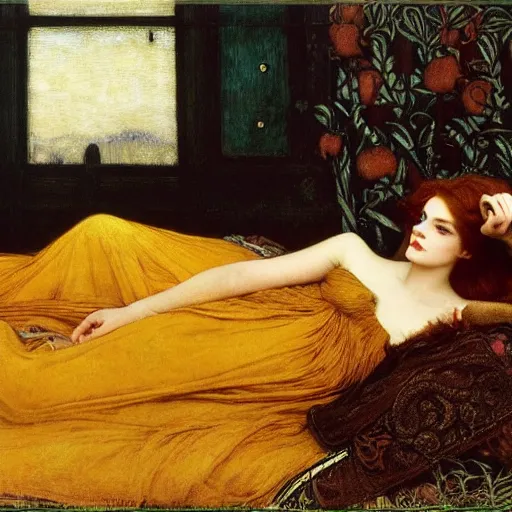 Prompt: preraphaelite photography reclining on bed, a hybrid of judy garland and a hybrid of lady gaga and lucy hale, aged 2 5, big brown fringe, wide shot, yellow ochre ornate medieval dress, john william waterhouse, kilian eng, rosetti, john everett millais, william holman hunt, william morris, 4 k