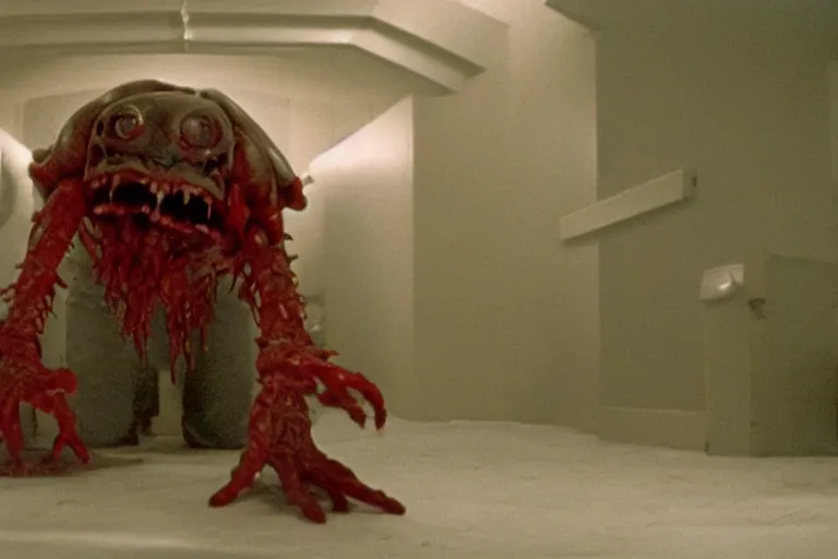 Prompt: filmic wide shot angle movie still 35mm film color photograph of a shape shifting horrific nightmarish abstract organism from The Thing 1982 with multiple limbs and heads decapitating a doctor with splattering blood in the style of a horror film