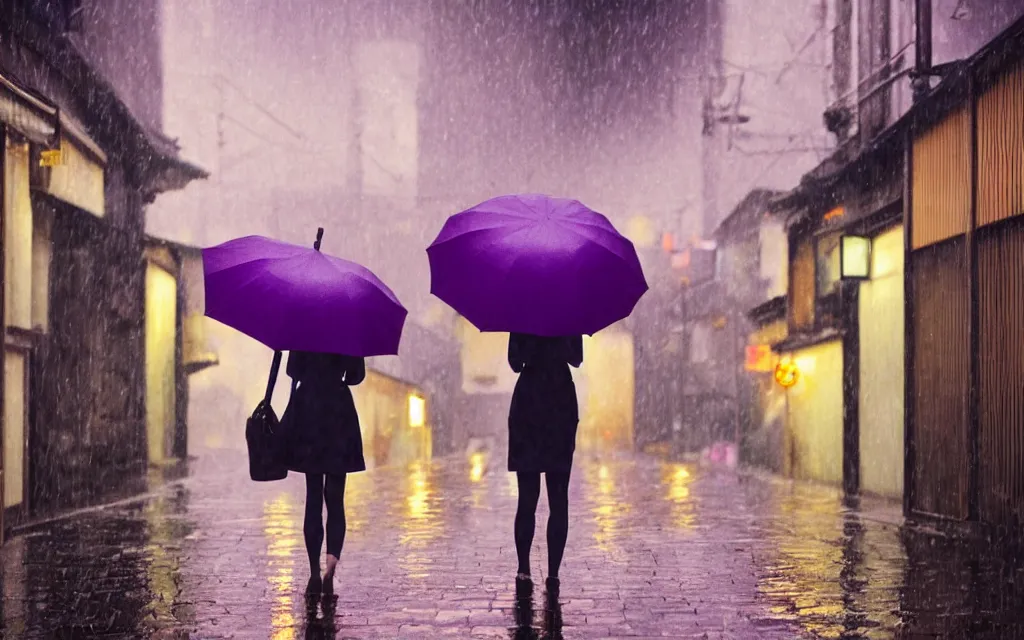 Prompt: a woman holding a purple umbrella walking on the wet street on a rainy night in a kyoto alley way by makoto shinkai by studio ghibli and by wes anderson. dramatic lighting. cel shading.