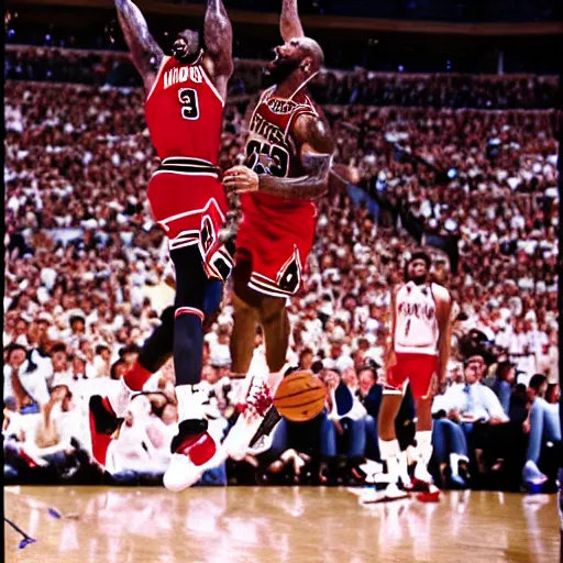 Image similar to professional nba photograph of lebron james dunking on michael jordan, award - winning photograph, highly detailed, dramatic posing, 8 k quality, high quality