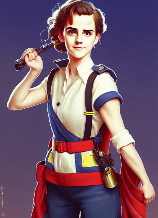 Image similar to cute colonel emma watson firefighter, natural lighting, path traced, highly detailed, high quality, digital painting, by don bluth and ross tran and studio ghibli and alphonse mucha, artgerm