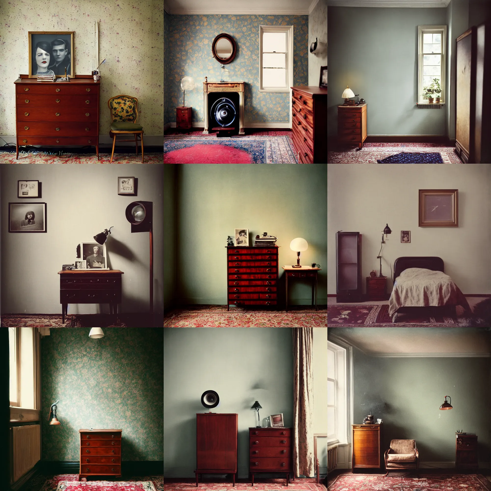 Image similar to kodak portra 4 0 0, wetplate, fisheye, award - winning portrait photo by britt marling, 1 9 2 0 s room, picture frames, 1 9 2 0 s furniture, wallpaper, carpet, shining lamp,, muted colours, blueberry, wood, fog,