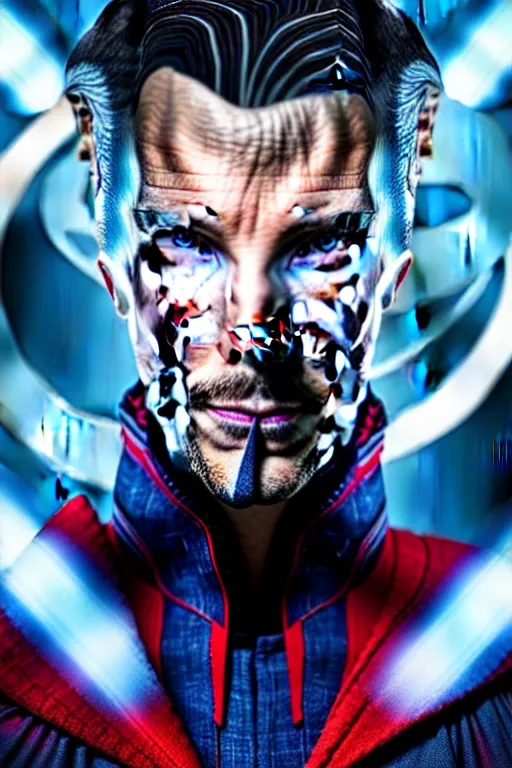 Image similar to futuristic portrait art of an armored cyberpunk doctor strange, futuristic style doctor strange, cyberpunk, cinematic movie still 2 0 7 7