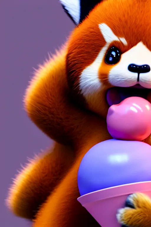 Image similar to high quality 3 d render hyperrealist very cute pastel happy red panda & koala hybrid stuffing mouth with ice cream, vray smooth, in the style of detective pikachu, very dramatic light, low angle, uhd 8 k, shallow depth or field