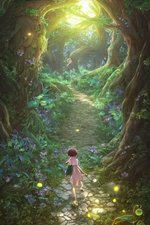 Image similar to forest path, fairy, beautiful ancient trees, hiding large treasure chest, glowing fireflies, serene evening atmosphere, soft lens, soft light, cel - shading, animation, in the style of cgsociety, deviantart, artstation, zbrush, cinema 4 d, studio ghibli, akihiko yoshida, atelier lulua, masamune shirow