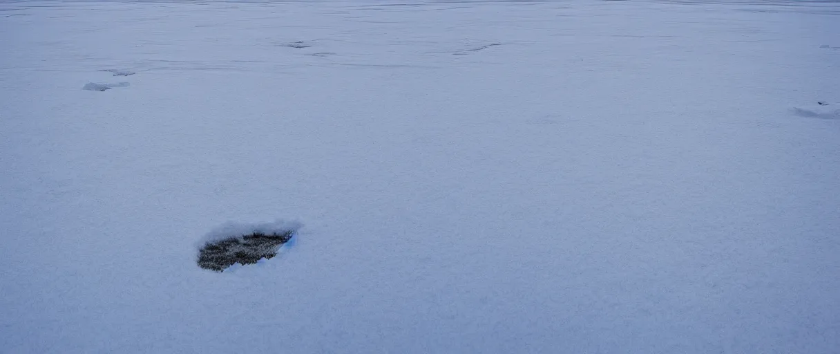 Image similar to a high quality color closeup hd 4 k film 3 5 mm photograph of very heavy blizzard in desolate antarctica with the faint silhouette of a man in the distance leaving a single trail of footsteps in the snow behind him