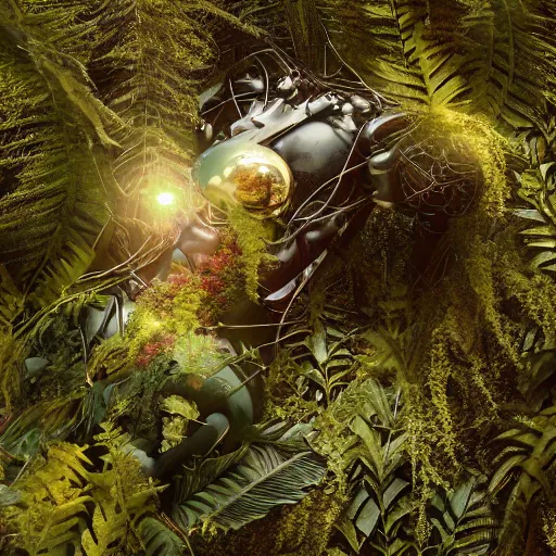 Image similar to beautiful overgrown foliage taking over an ( beautiful abandoned human - shaped robot body laying on the ground ), close - up, 3 5 mm, biopunk, bokeh, beautiful, lens flare, emotional, sweet, flowers, detailed, picture, trending on artstation, award - winning, shiny, golden, angle view, octane render