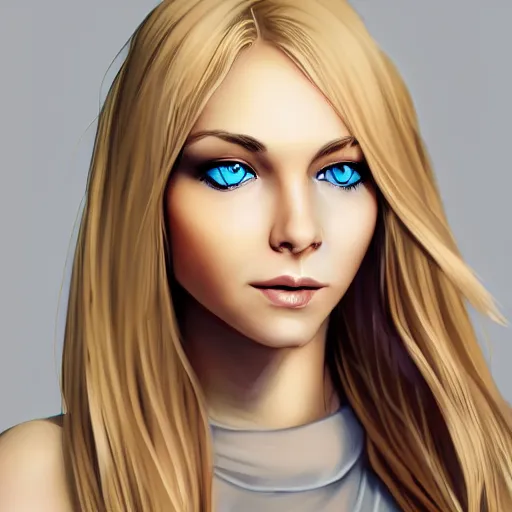 Image similar to portrait, 30 years old women :: fantasy :: blue eyes, long straight blonde hair :: attractive, symmetric face, friendly, smiling :: brown medieval cloting, natural materials :: high detail, digital art, RPG, concept art, illustration