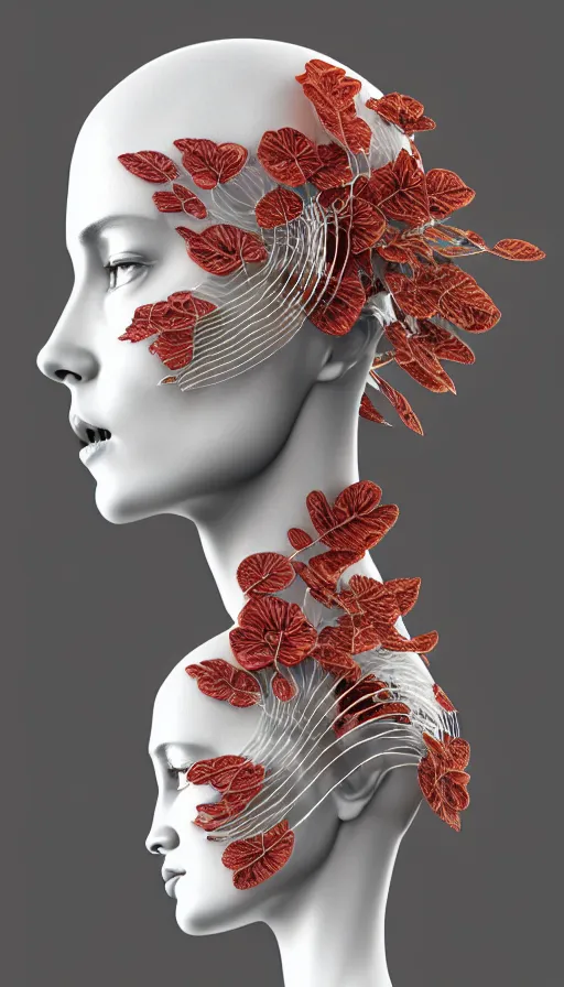 Image similar to complex 3d render ultra detailed of a beautiful porcelain profile woman face, mechanical vegetal cyborg, 150 mm, beautiful studio soft light, spot light, rim light, silver gold red details, luxurious, magnolia big filigran leaves and stems, roots, Alexander Mcqueen haute couture, fine foliage lace, mesh wire, filigran metallic intricate details, hyperrealistic, mandelbrot fractal, anatomical, silver metal armor, facial muscles, cable wires, microchip, elegant, white background, beautiful white teeth, octane render, H.R. Giger style, 8k