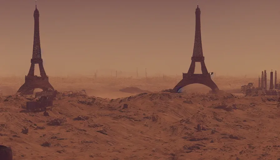 Prompt: eiffel tower under tons of sand in mad max, hyperdetailed, artstation, cgsociety, 8 k