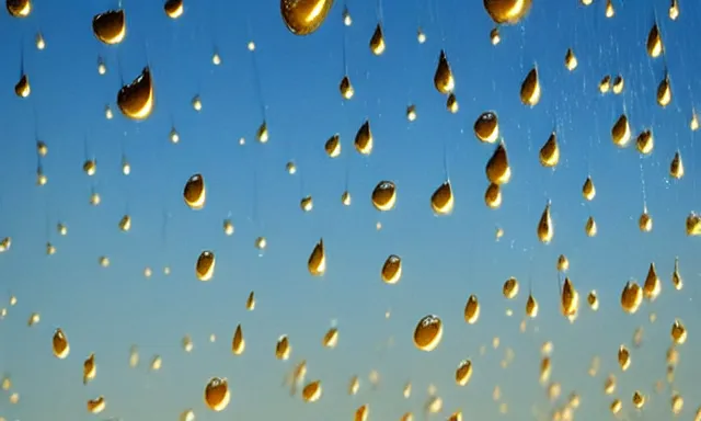 Prompt: beautiful picture of big upside-down raindrops floating quietly in a sunny blue sky, hot and sunny, highly-detailed, elegant, golden hour, dramatic lighting, artstation, 4k, cinematic landscape, photograph by National Geographic