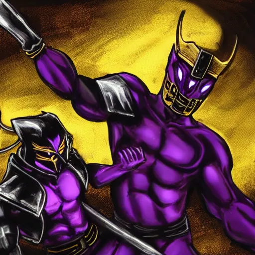 Prompt: black and gold knight fighting purple wildcat, honorable, cinematic, sharp