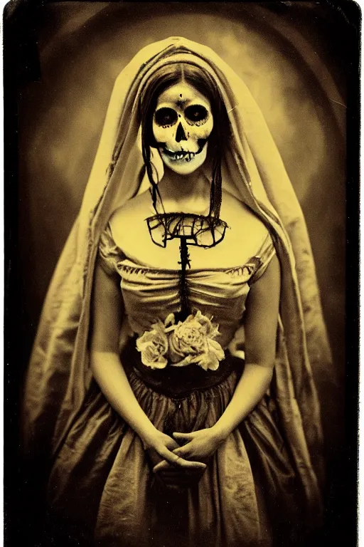 Image similar to tintype, 1 8 5 0's virgin mary dia de muertos dress and make up, horrific beautiful vibe, evocative, atmospheric lighting, painted, intricate, highly detailed, leesha hannigan, wayne haag, reyna rochin, ignacio fernandez rios, mark ryden, iris van herpen, stunning, gorgeous, sharp focus, cinematic, masterpiece