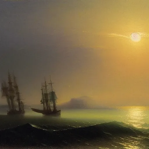 Prompt: a calm sea, sunrise, oil painting by ivan aivazovsky, 1 8 5 1