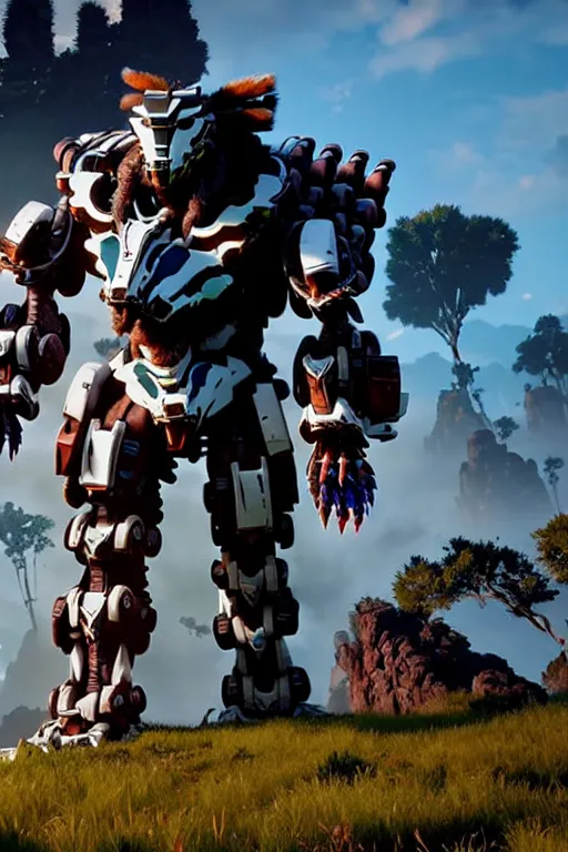 Image similar to a cinematic still from horizon zero dawn, full body mech, octane render, nvidia raytracing demo, masterpiece, aged armor plating, decipticon armor plating, aggressive head, endoekeleton exposure