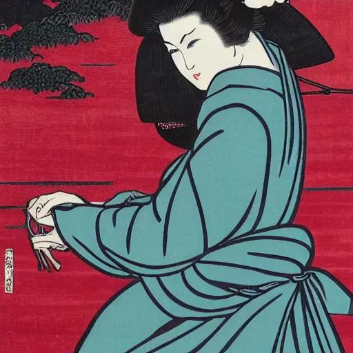 Image similar to Kaitlyn Michelle Siragusa, better known as Amouranth, full body portrait, by Katsushika Hokusai, Ukiyo-e style