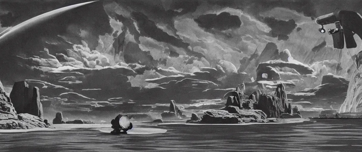 Prompt: a sad monster washing their laundry in the bay by chesley bonestell , cinematic atmosphere, establishing shot