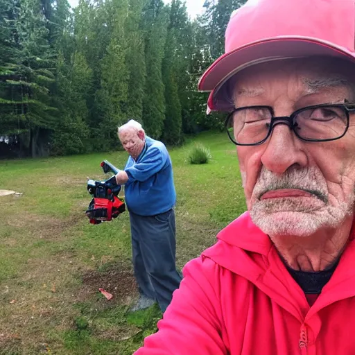 Image similar to photo of my grandfather accidentally taking a selfie with the front camera while trying to start the chainsaw but it never starts the first time so he is angry