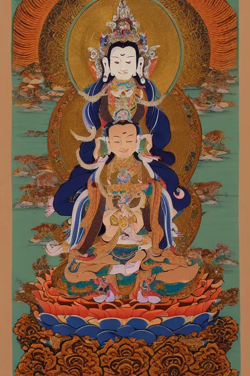 Prompt: a stunning intricate high-quality ornate ultradetailed Manjusri bodhisattva subdue demons, thangka arts, Tibetan, ca 12th century, Manjusri bodhisattva is shown seated on a lotus throne, with his right hand resting on his knee and his left hand holding a sword, Manjusri bodhisattva wears a crown and ample robes, and he has a serene expression on his face. The background is decorated with an intricate pattern of flowers and clouds, by wu daozi, zhang xuan, 64 megapixels, HDR, filmic, Octane, 8K resolution, ultrafine detail, ultrawide-angle lens, micro details, ray tracing,