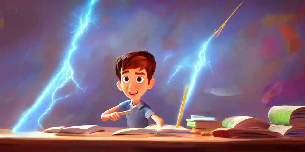 Prompt: a young boy wizard with brown hair and is standing at his desk working on a new spell that is casting out flowing energy, colorful, flowing energy, light rays, consistent face, medium shot, waist up, pixar and disney animation, sharp, concept art, highly detailed, trending on artstation, bloom, dramatic lighting, cinematic