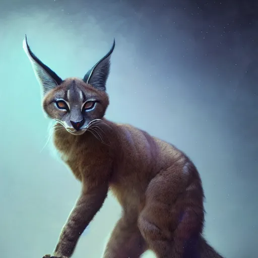 Image similar to The fluffiest cute caracal, fullbody, ultra high detailed, glowing lights, oil painting, Greg Rutkowski, Charlie Bowater, Beeple, unreal 5, DAZ, hyperrealistic, octane render, RPG portrait, dynamic lighting, fantasy art, beautiful face