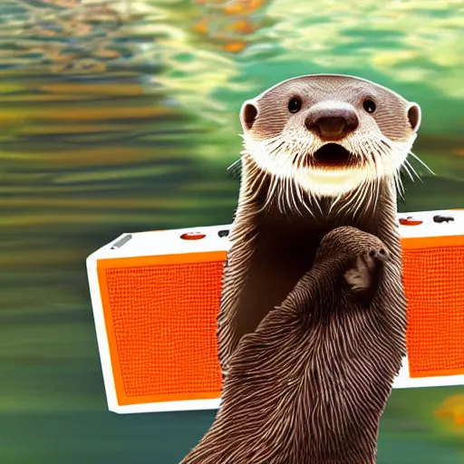 Prompt: otter holding a orange boombox, 4 k, high octane, beautiful