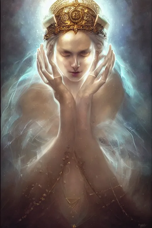 Image similar to a subtle lighting photo of an ancient powerful psychic queen, light colors, bright, sunbeams, eloquent, fancy, lovely, beautiful lighting, golden ratio, artgerm, tom bagshaw, gerald brom, detailed, small details, intricate,