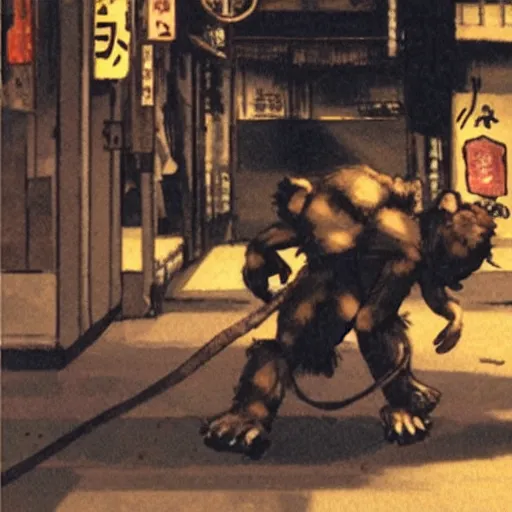 Prompt: a tight shot of a monkey dragging a doll in the street in Japan by Yoji Shinkawa and Ashley Wood, rule of thirds