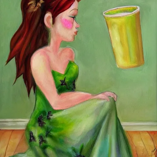 Image similar to Tinkerbell in short green dress with tattered hem, thick heavy eye makeup, bare feet, hungover, coffee cup, stark oil painting by Jasmine Beckett