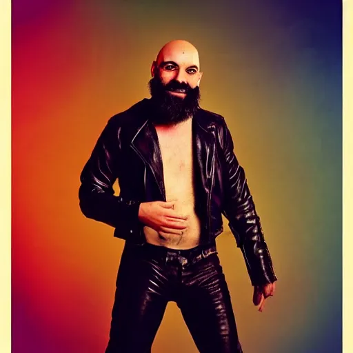 Image similar to gay bald bearded man with leather clothes dancing on the clouds, bald, Artstation