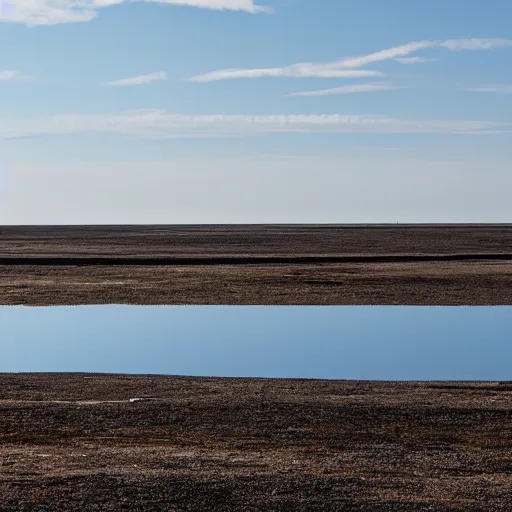 Prompt: a still plain of endless water across the horizon, with a slightly cloudy blue sky above it and reflected within it