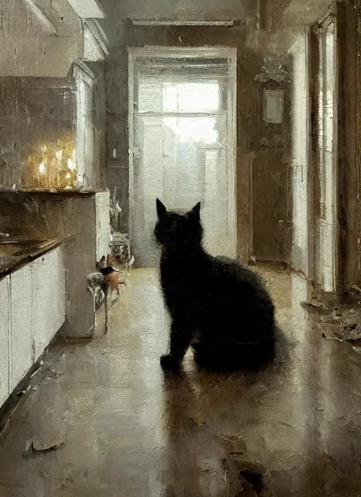 Image similar to a portrait of a cat inside a modern apartment, intricate oil painting, hyperdetailed, ethereal, cinematic, dramatic lighting, by jeremy mann and julius adam ii